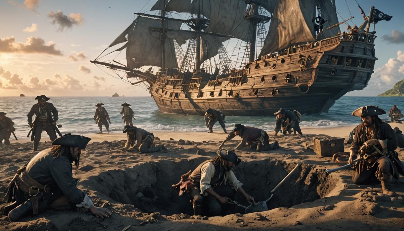 Pirates Burying Treasure on Caribbean Island