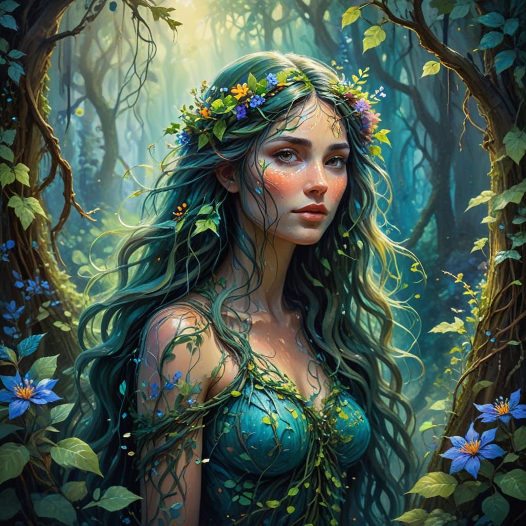Ethereal Forest Goddess in Vibrant Impressionist Style