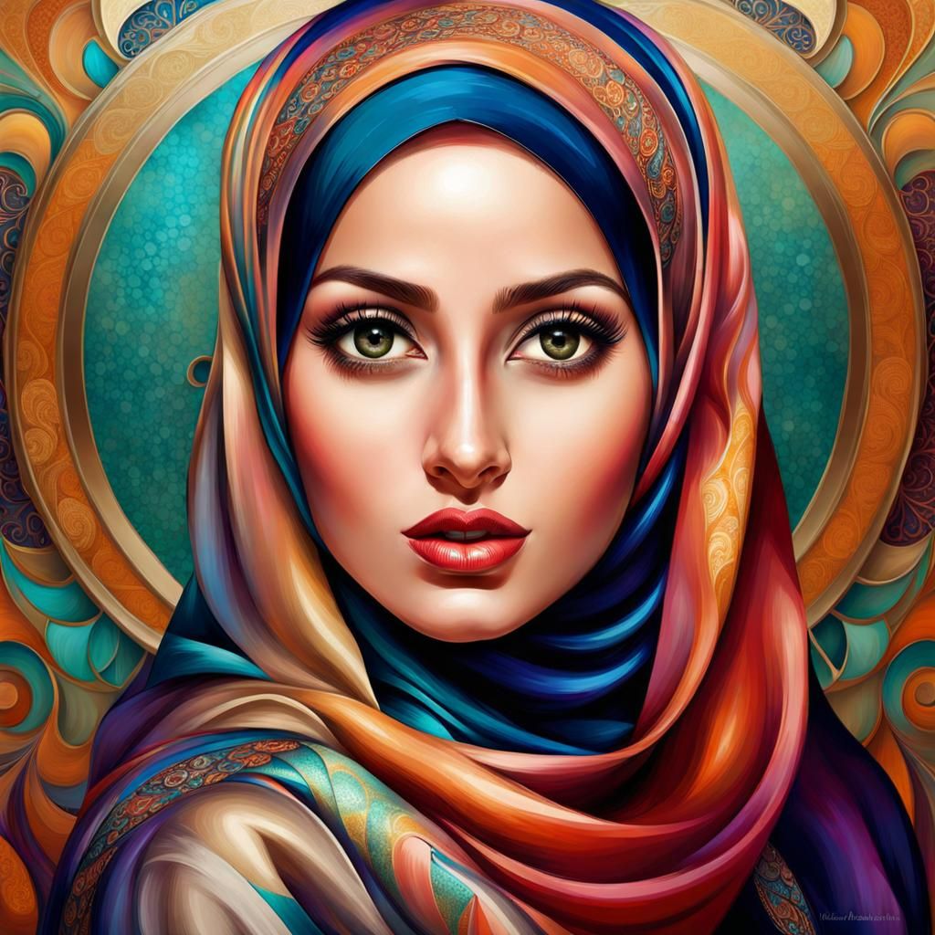 Confident Hijabi Woman in Retro Digital Painting