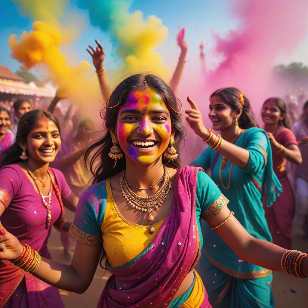 Women Dancing in Vibrant Holi Festival Scene