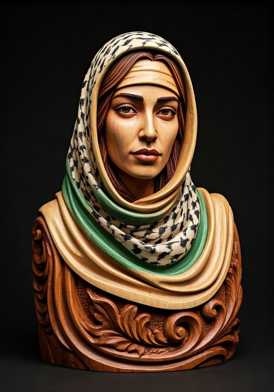 Detailed Wooden Sculpture of a Proud Palestinian Woman