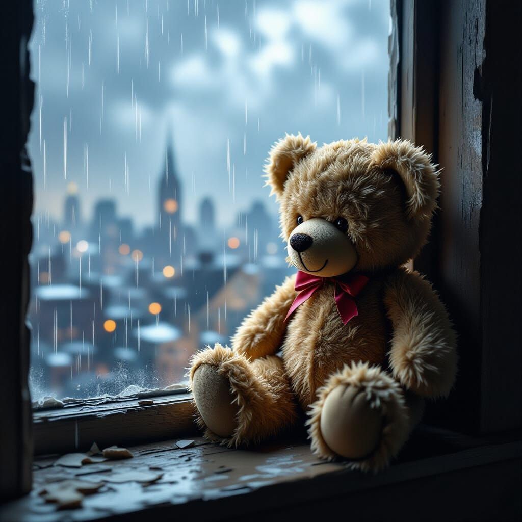 Weathered Teddy Bear on Attic Sill Overlooking Stormy City
