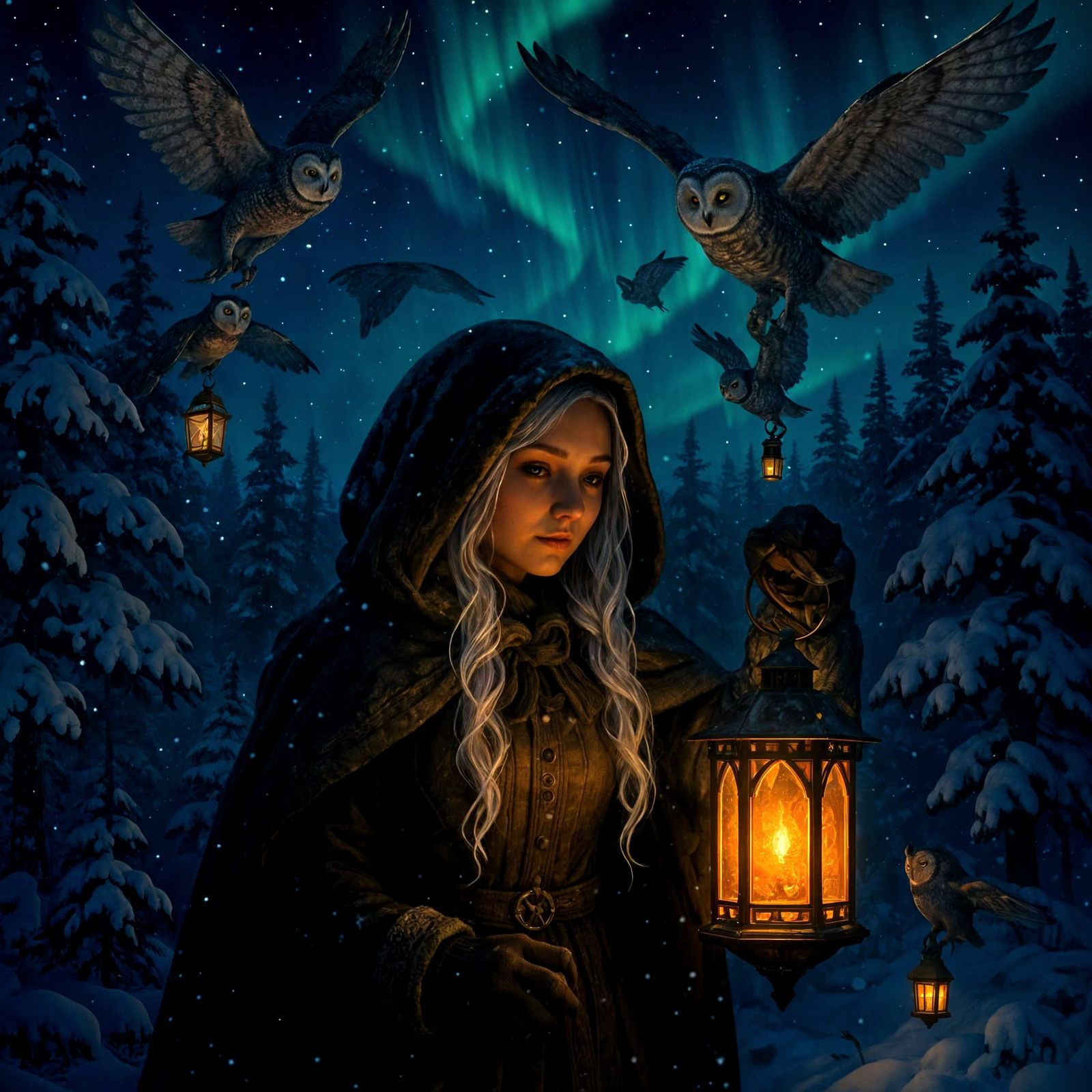 Enchanting Winter Scene with Woman, Owls and Aurora