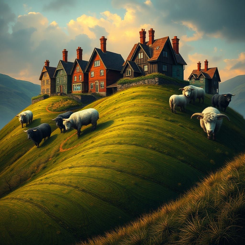 Whimsical Landscape with Colorful Houses and Animals