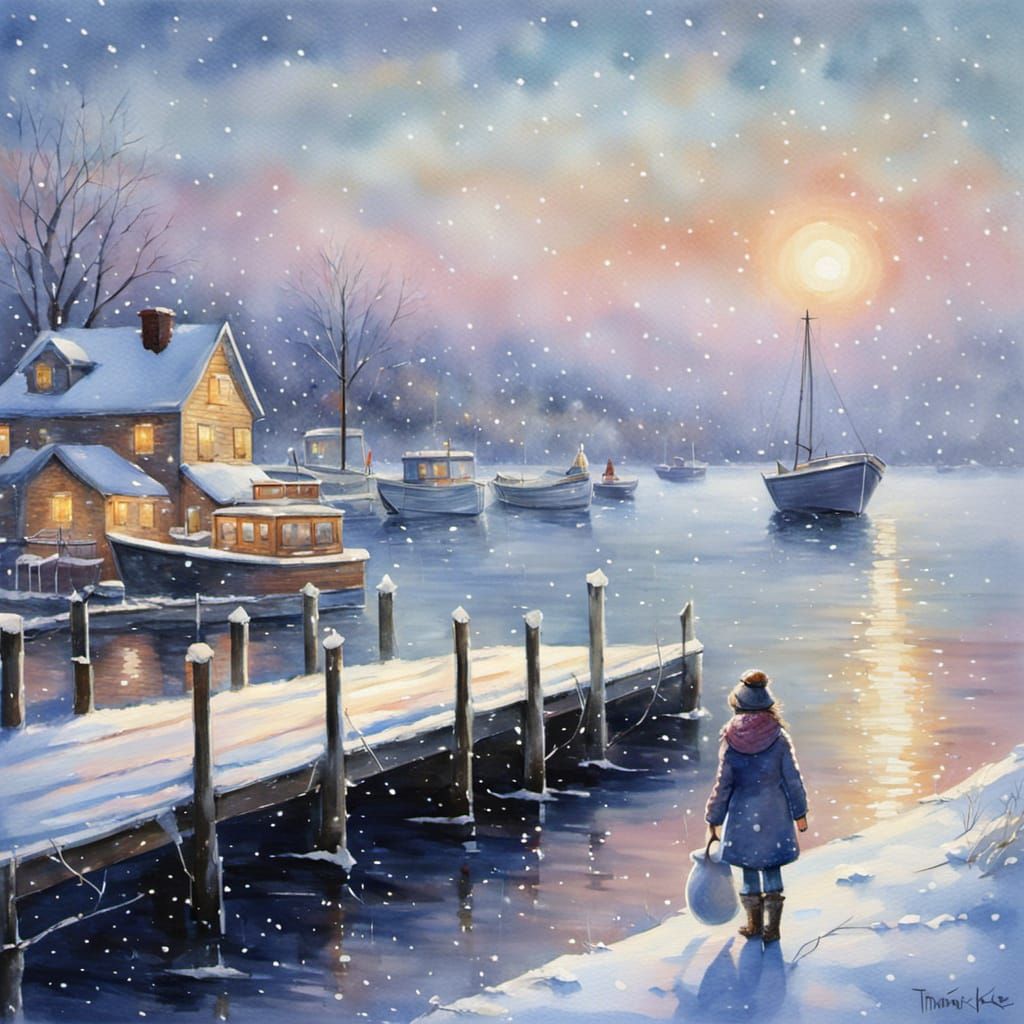 Whimsical Watercolor Scene of Snowy Harbor