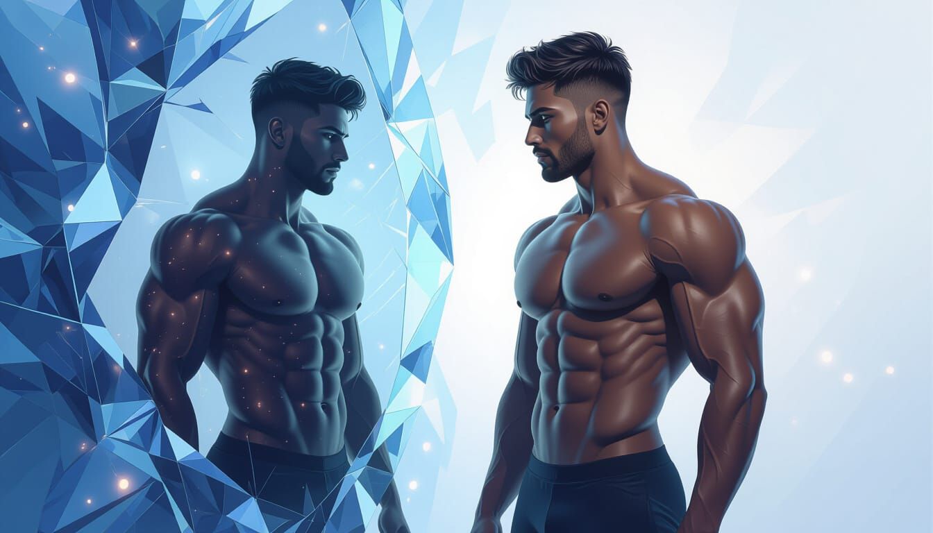 Ethereal Man of Light Before Fractured Mirror