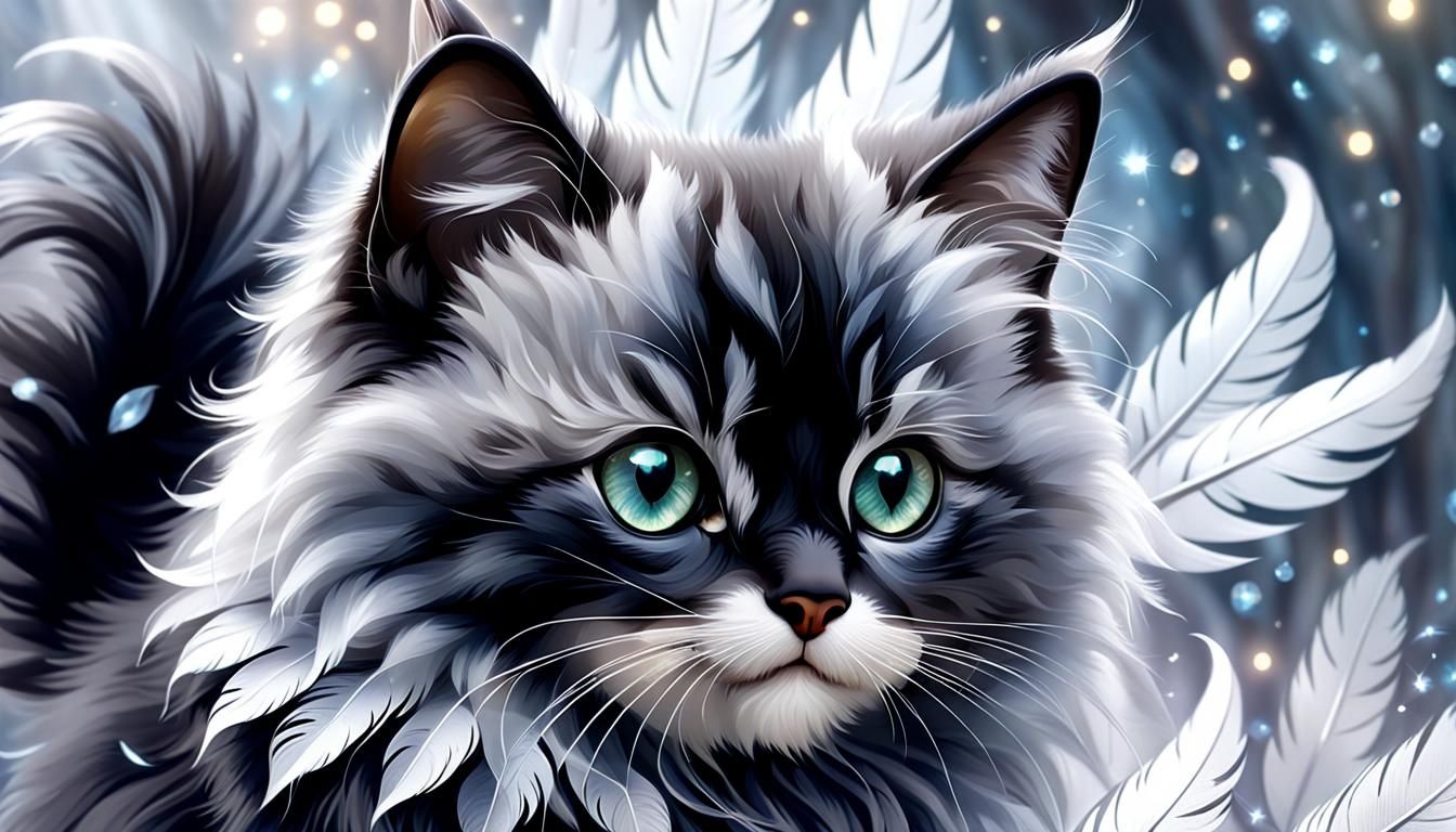 Detailed 3D Kitten with Feathers in Ethereal Style
