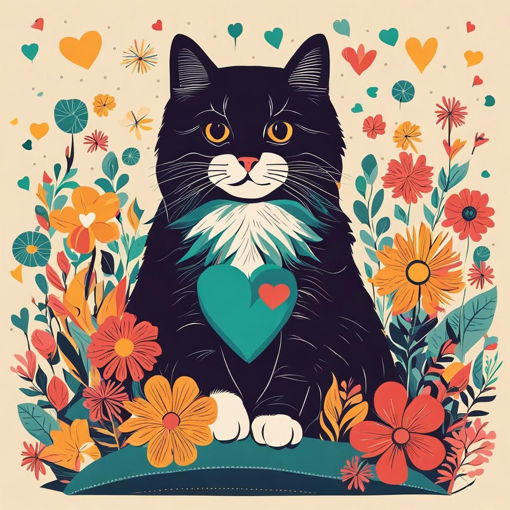 Cat on Pillow with Flowers in Pop Art Style