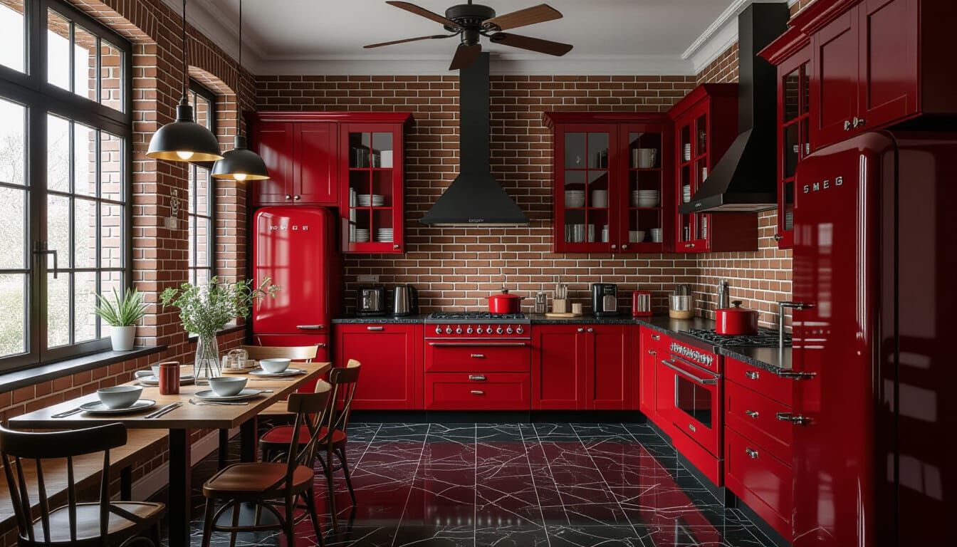 Victorian Dark Red Kitchen with Modern Appliances