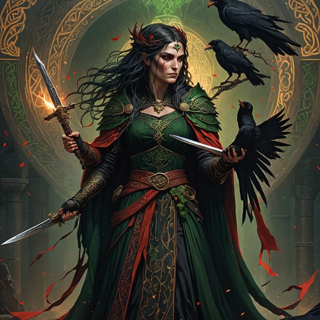 Morrigan with Crow and Sword in Celtic Fantasy Art