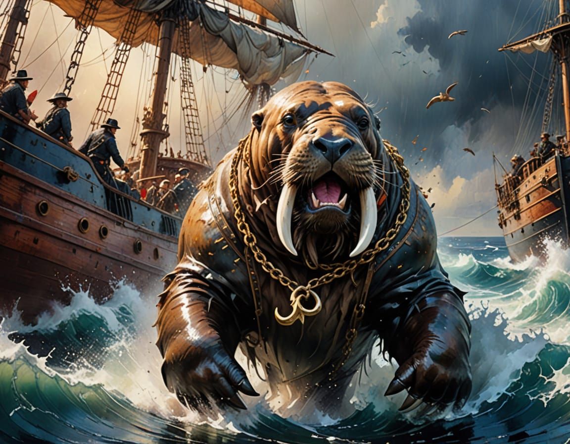 Quadruped Walrus Pirate Charges Across Ship Deck