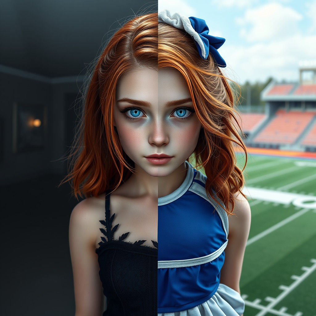 Gothic Cheerleader Split Portrait in Digital Art Style