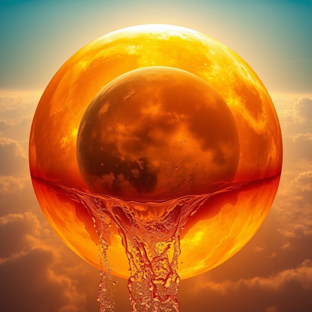 Translucent Amber Moon Encasing Earth in Hyperrealism