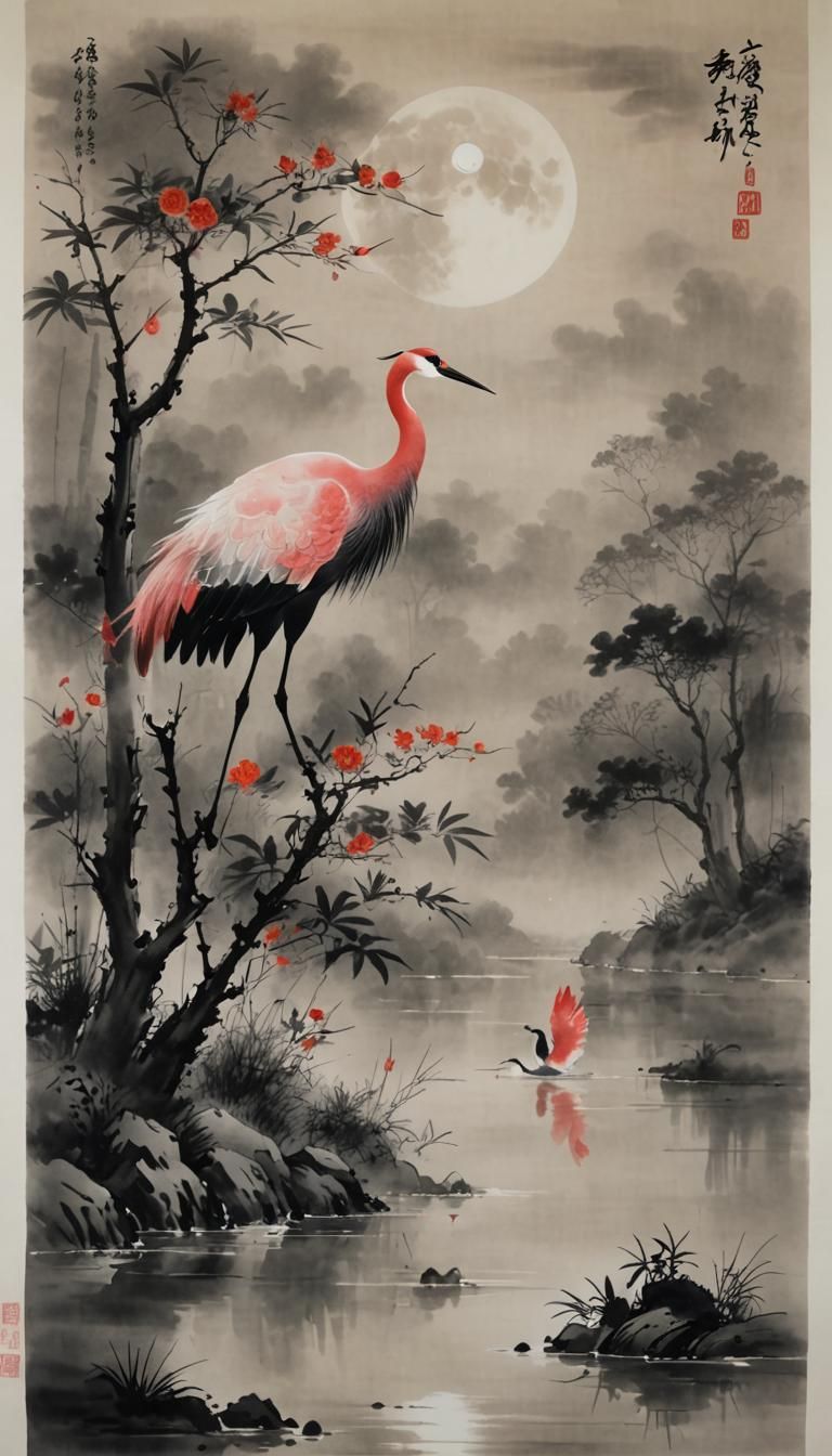 Red Crane in Foggy Moonlight: Chinese Ink Painting