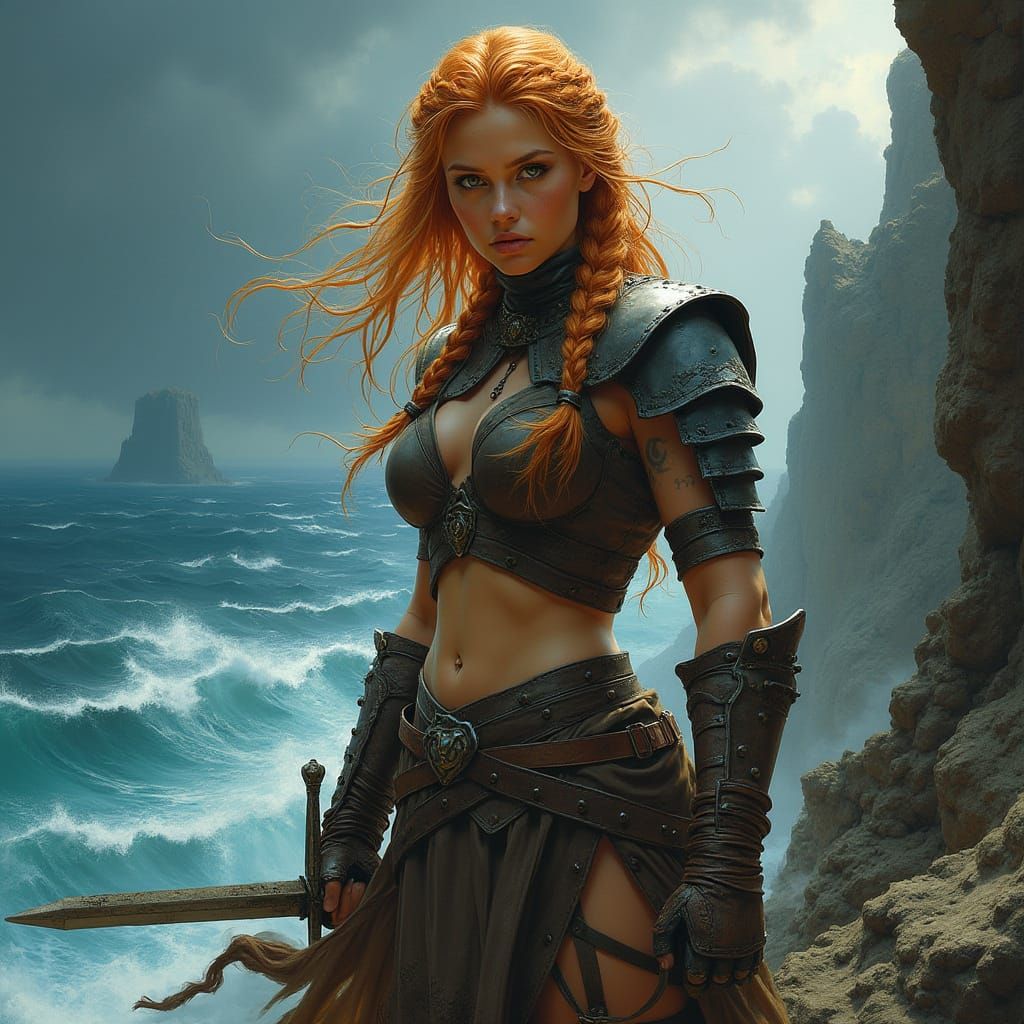 Redhead Warrior on Cliff Overlooking Stormy Sea