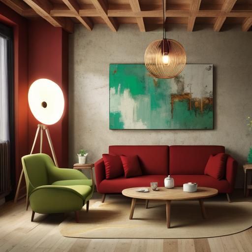 Abstract Room with Red Sofa and Halo Lamp