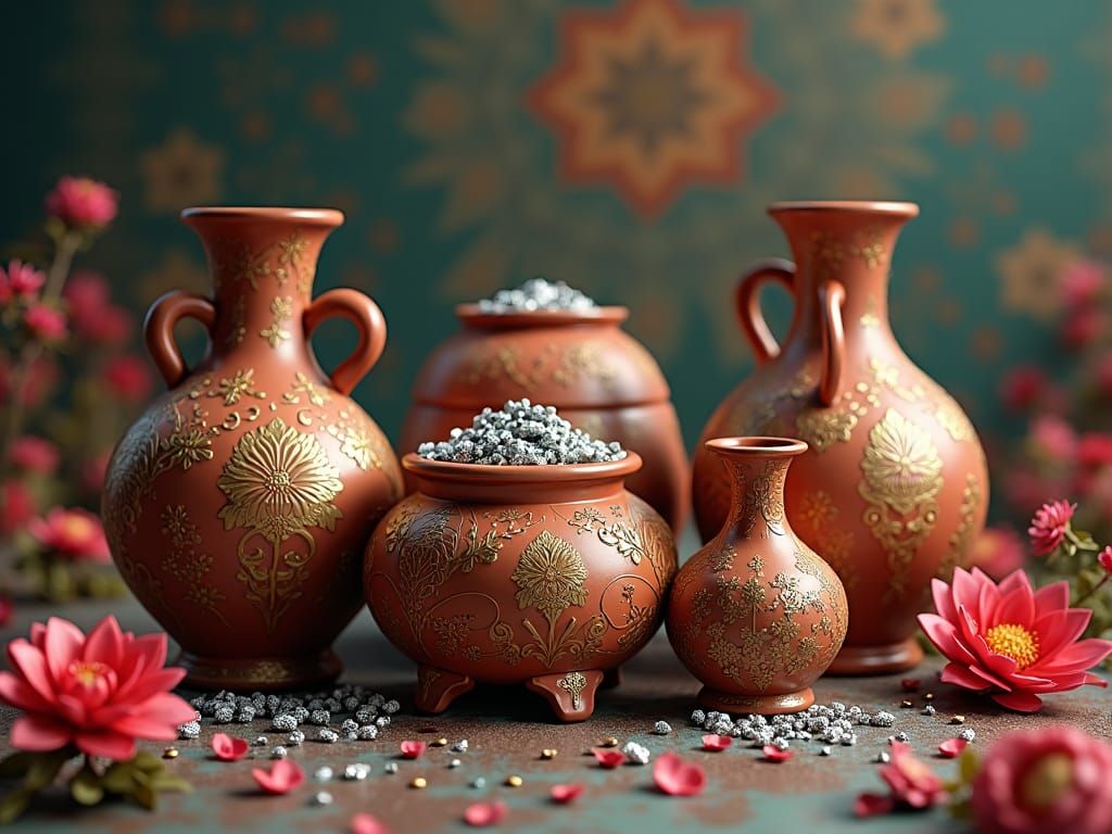 Ornate Clay Pots Filled with Silver and Gold