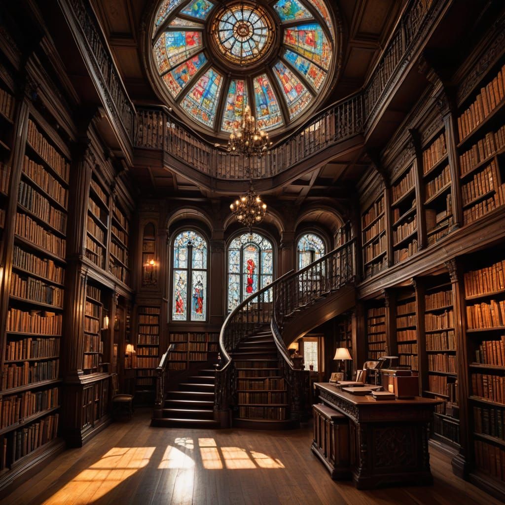 Grand Victorian Library with Spiral Staircase