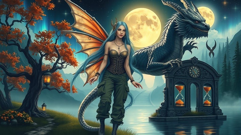 Fairy and Dragon in Gothic-Hippy Steampunk Forest