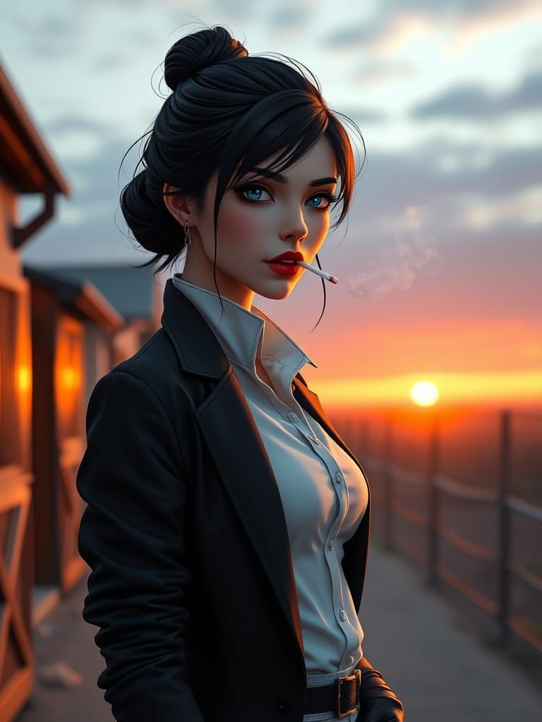 Anime Style Woman Smoking at Dawn