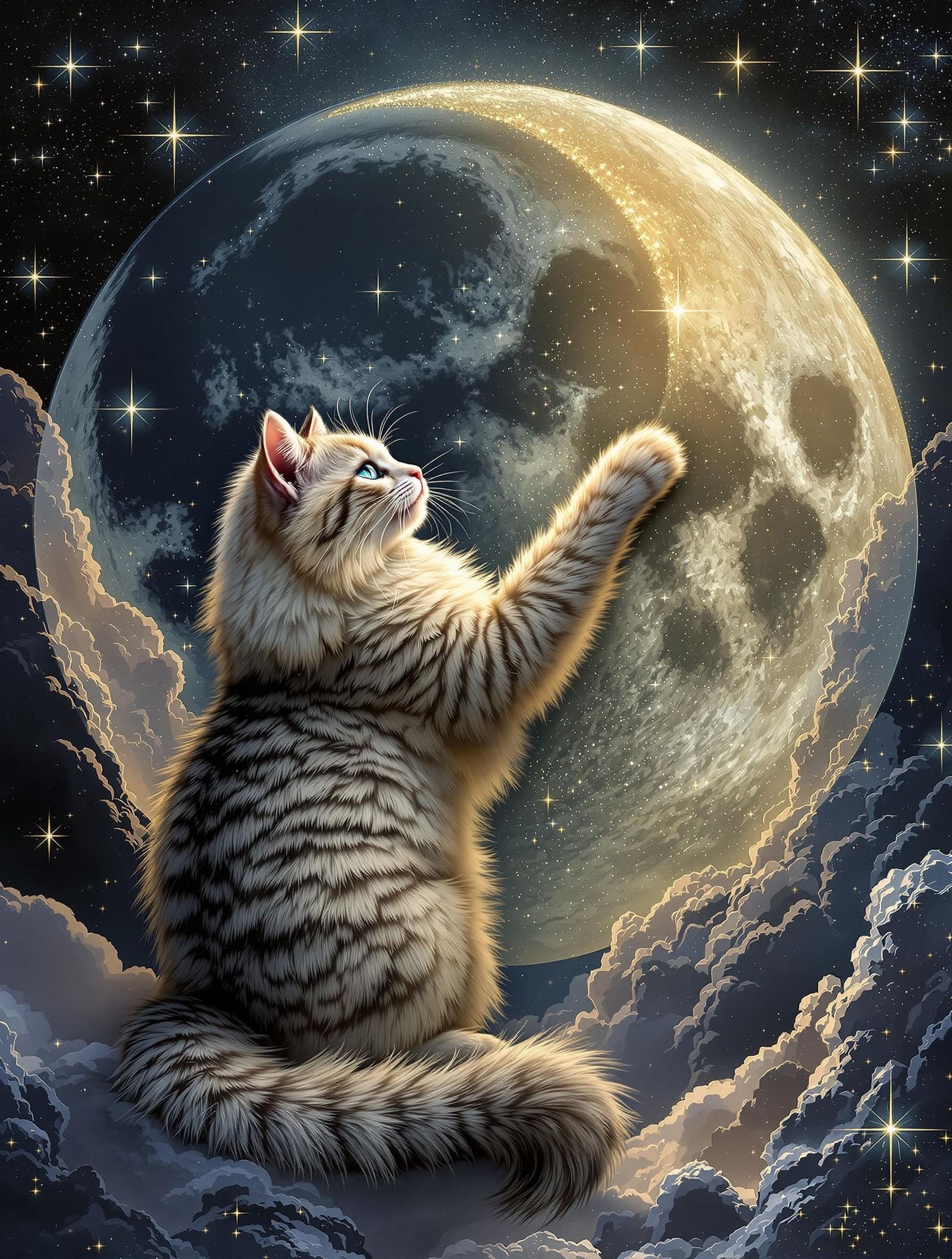 Surreal Feline Lunar Goddess Unveiled in Cosmic Dance