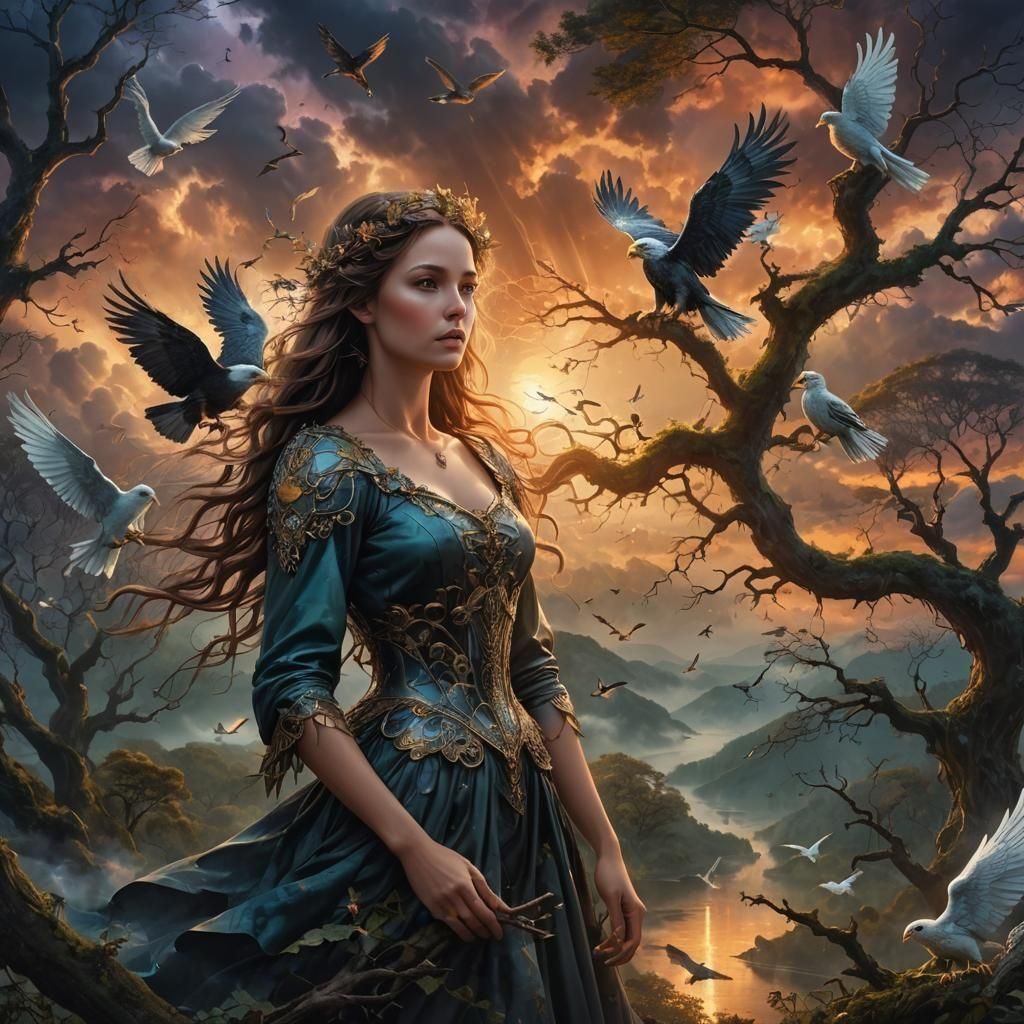 Woman in Fairy Wood at Sunset: Surreal Art