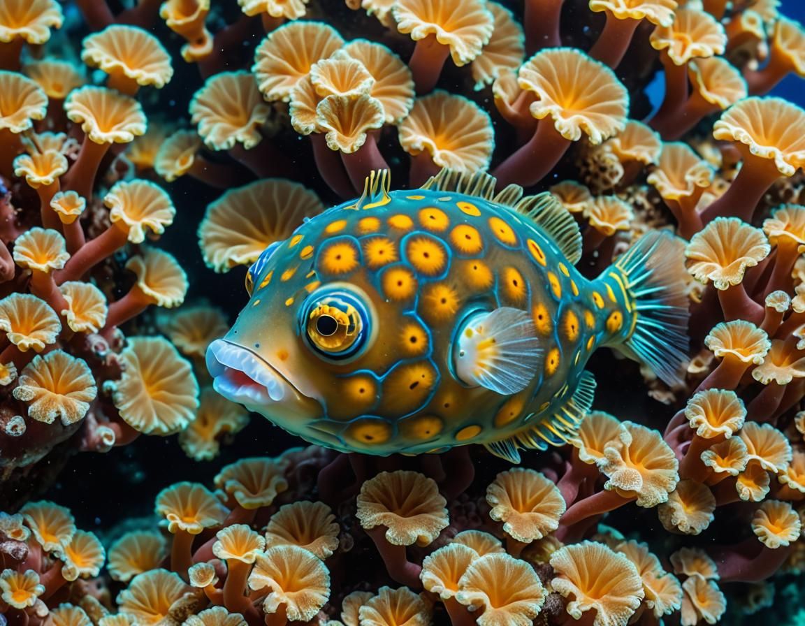 Macro Photo of a Chibi Puffer Fish Over Coral