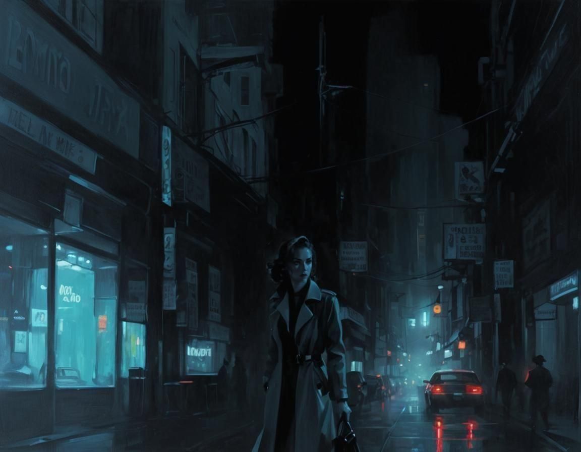 Noir Painting of Femme Fatale in Neon City