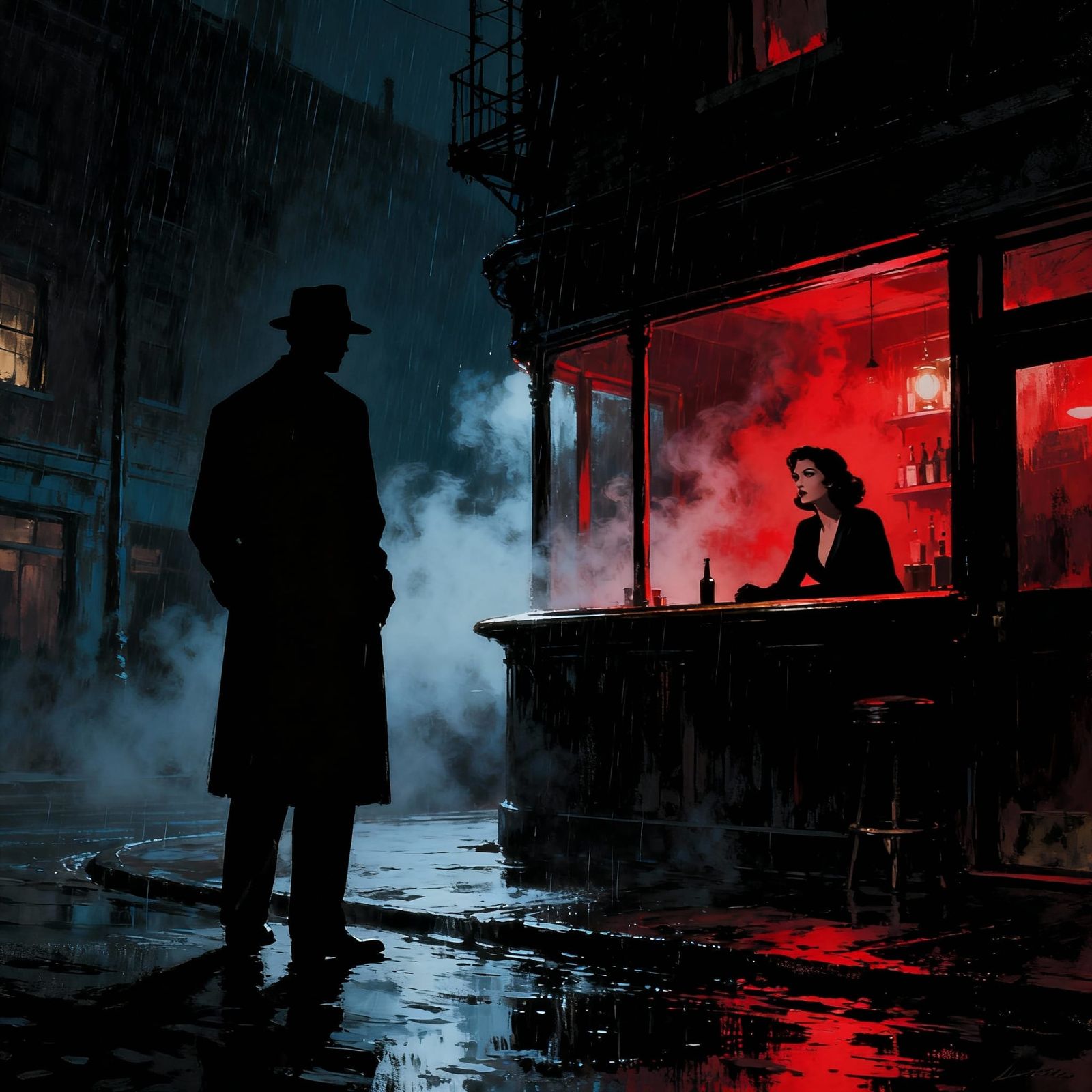Film Noir Detective at Smoky Bar in Chiaroscuro