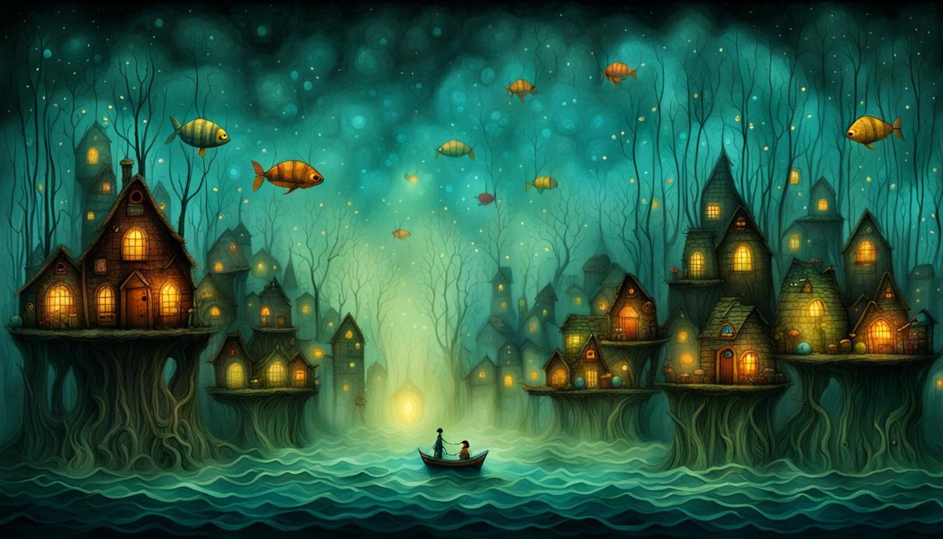 Surreal Underwater Village in Mixed Media Style