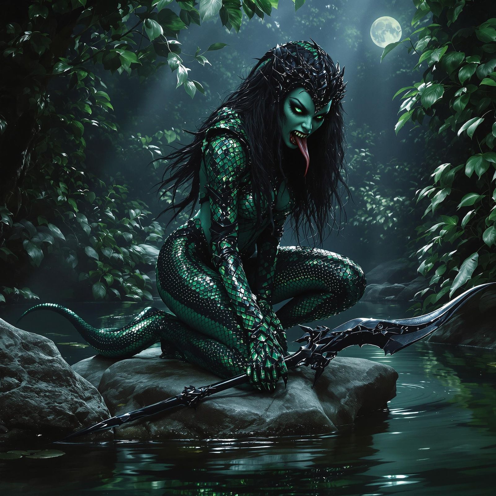 Snake-Like Woman Embodies Dark Mysticism in Swampy Landscape