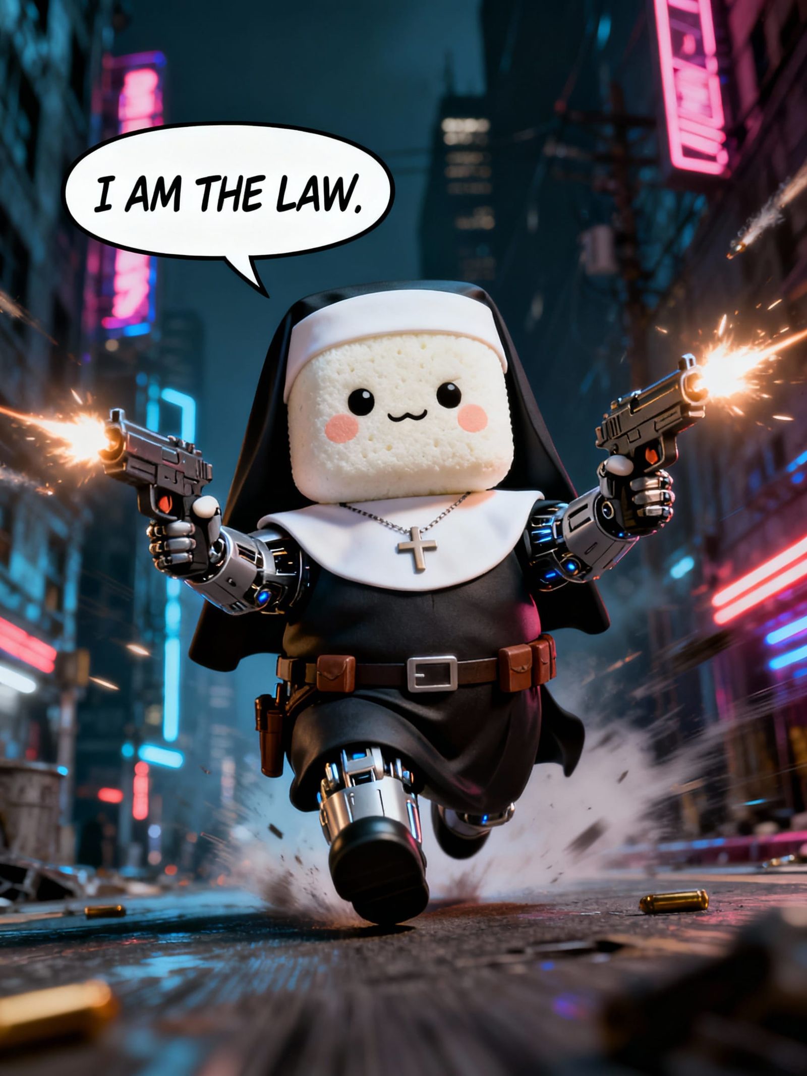 Cyberpunk Nun Firing Pistols in Sin City Style