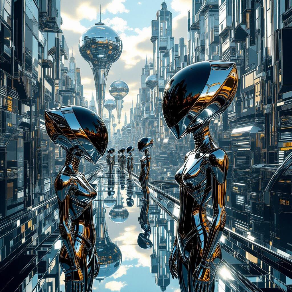 Futuristic Alien City in Chromepunk Style