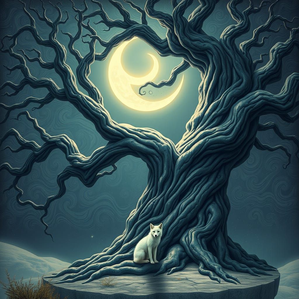 Surreal Moonlit Forest Scene with White Fox and Escher-Inspi...