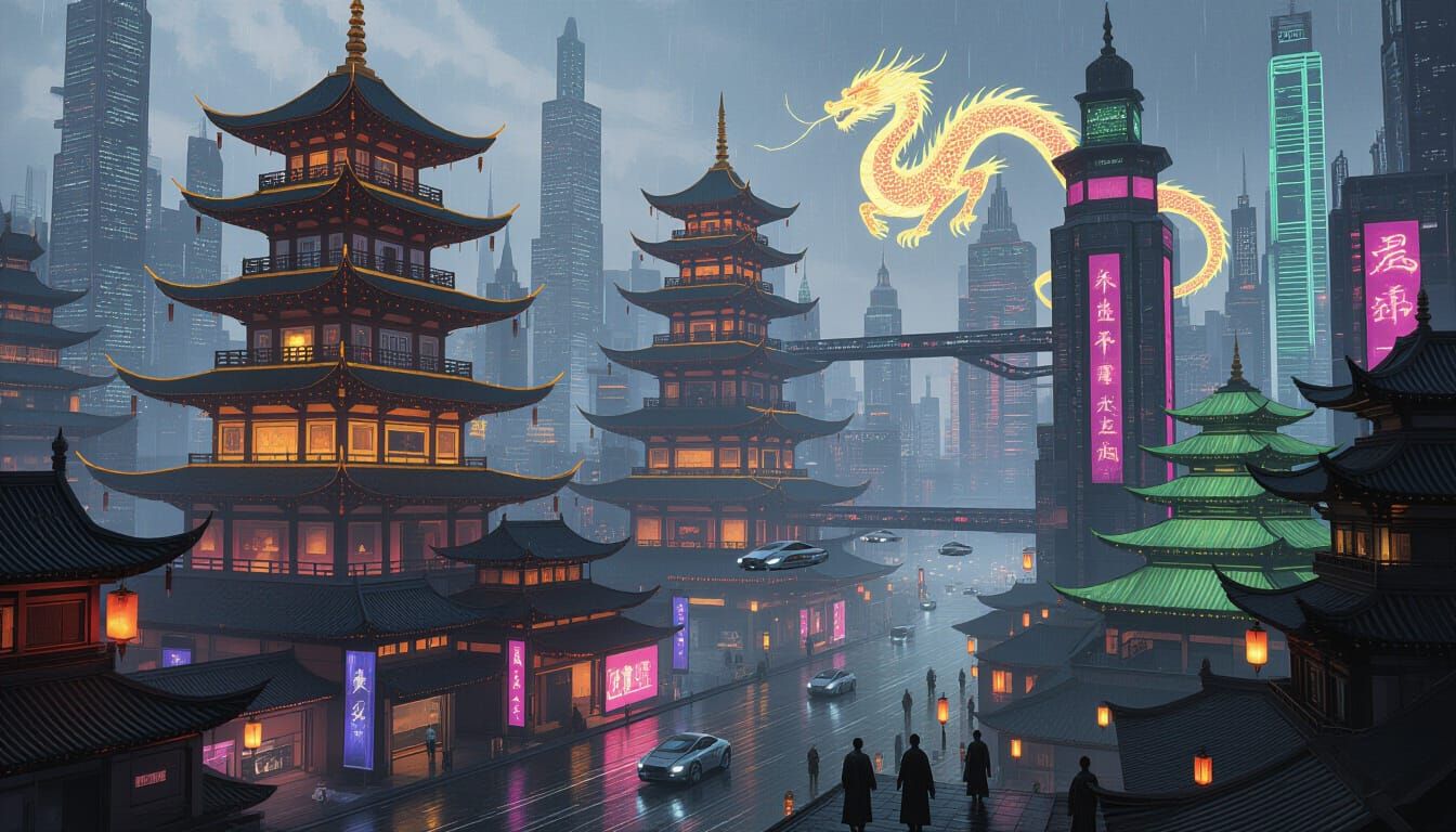 Cyber-Fantasy Skyline: Pagodas Among Futuristic Towers