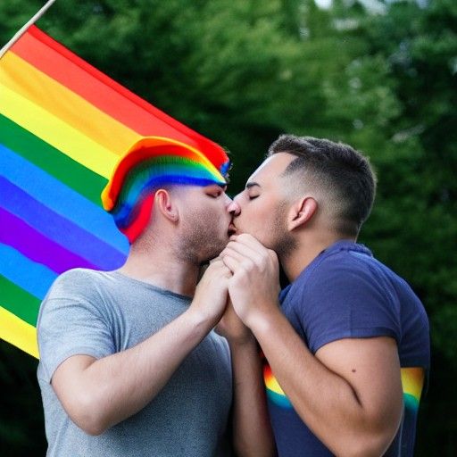 Men Kissing Under Gay Pride Flag