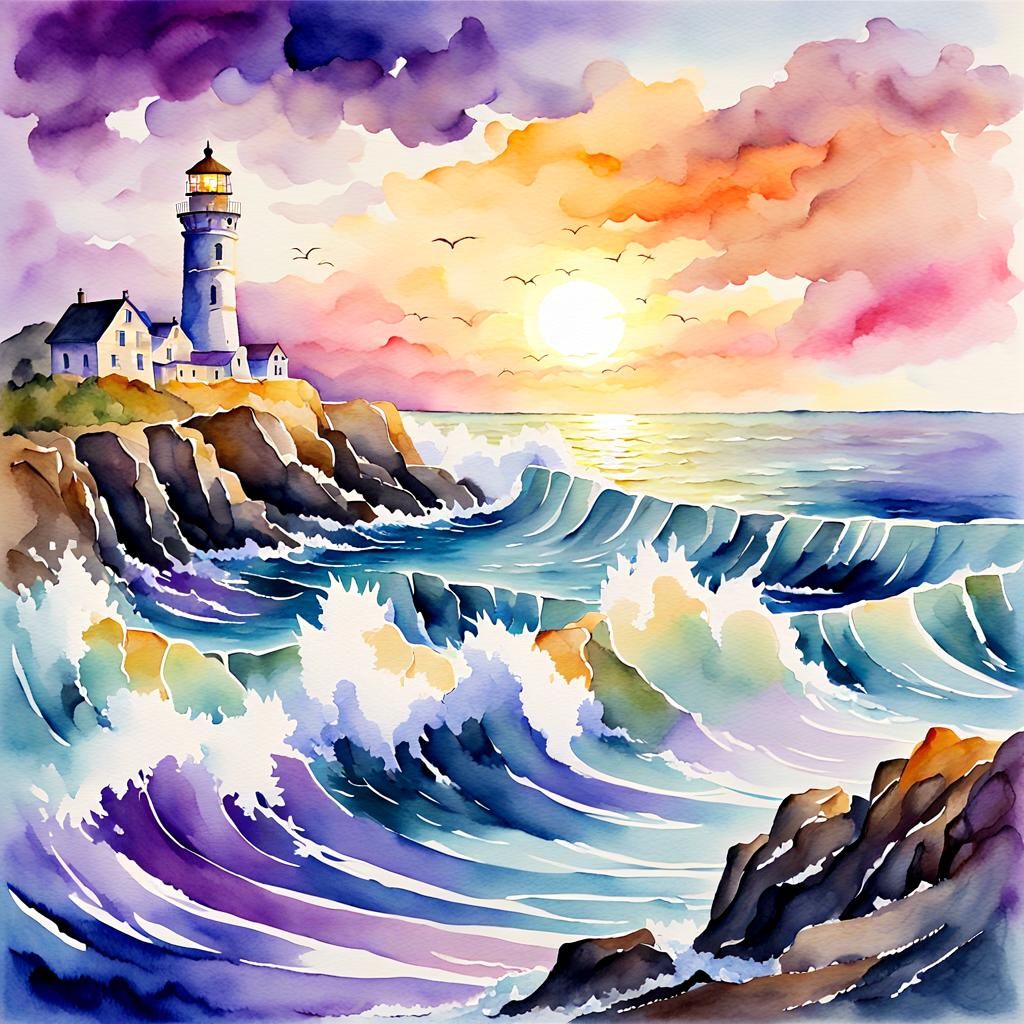 Coastal Lighthouse in Watercolor Painting Style