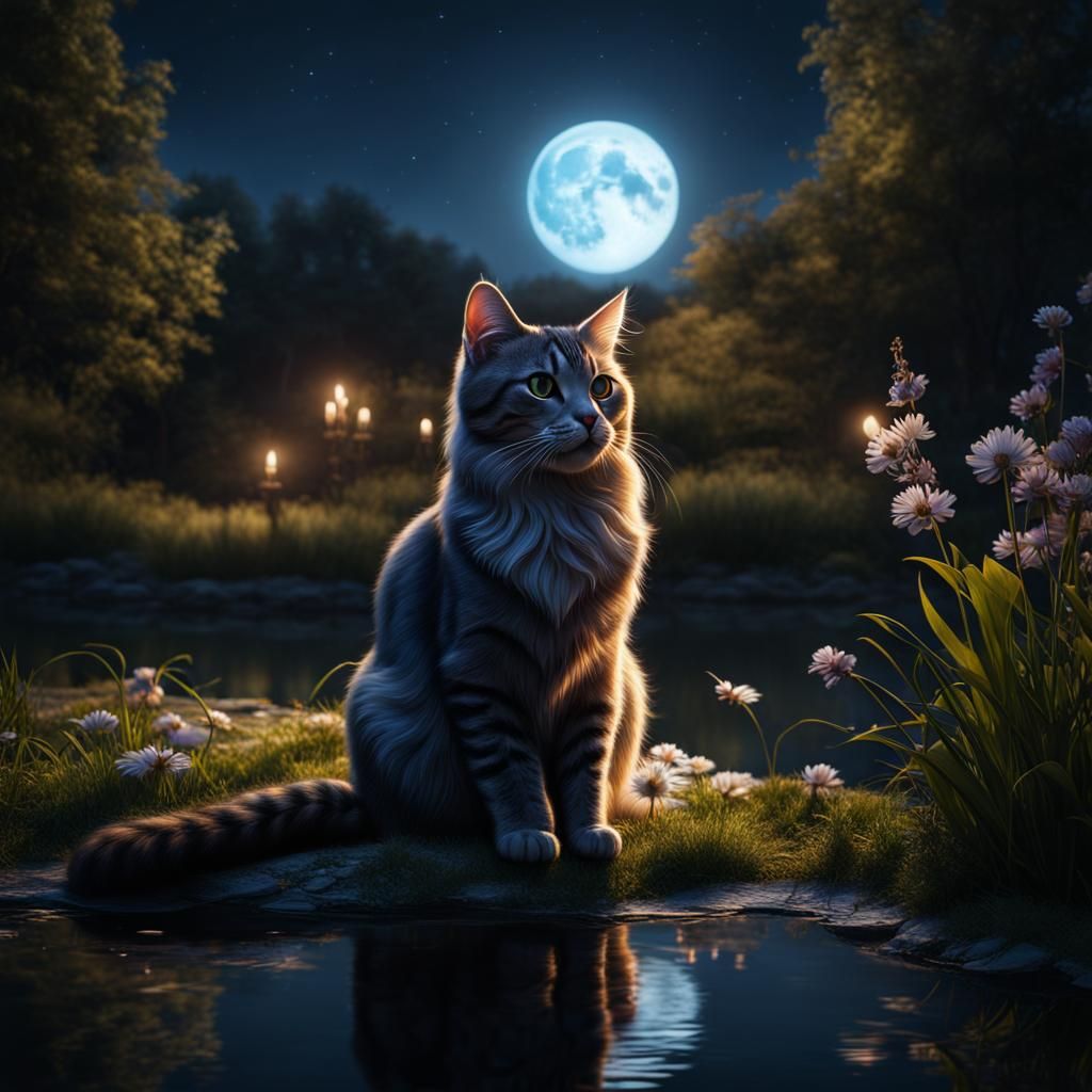 Hyperrealistic Cat Portrait in Moonlight: Detailed Matte Pai...