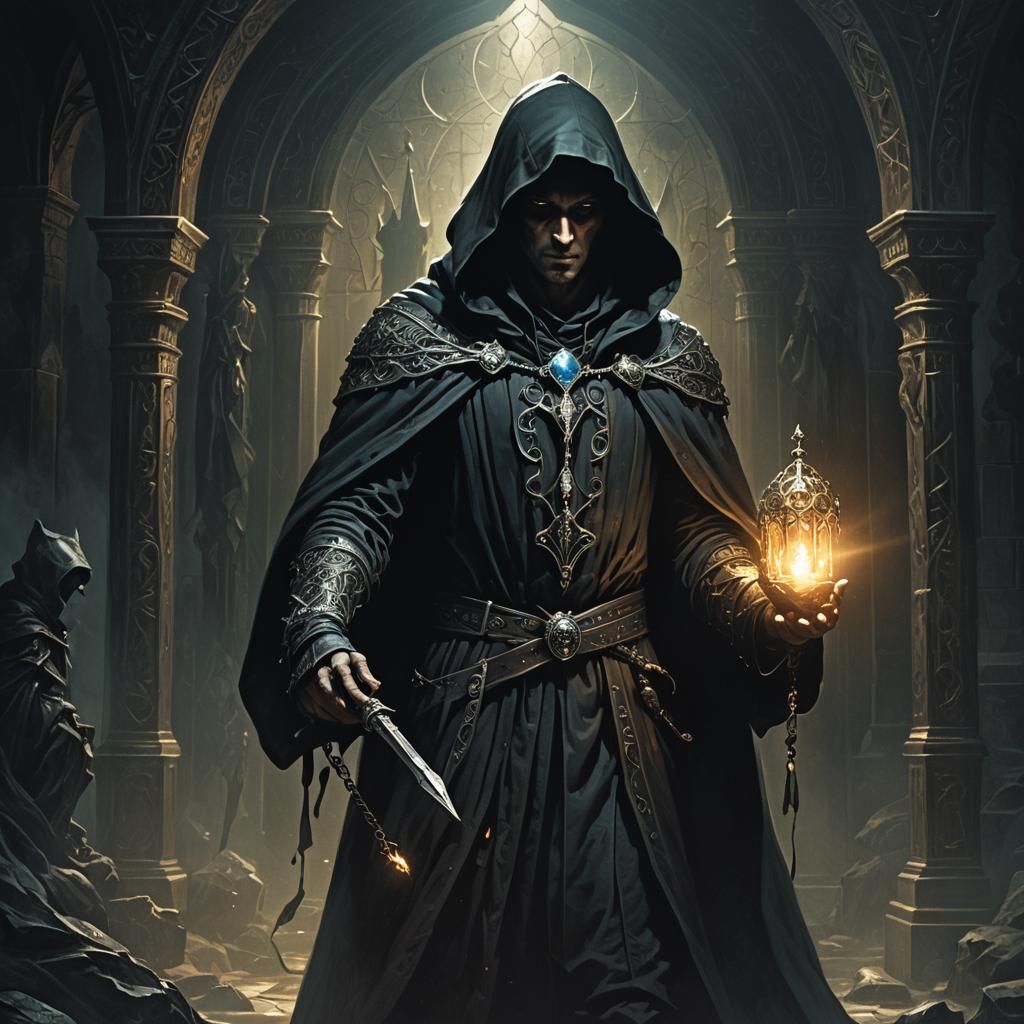 Mysterious Hooded Figure with Glowing Scepter