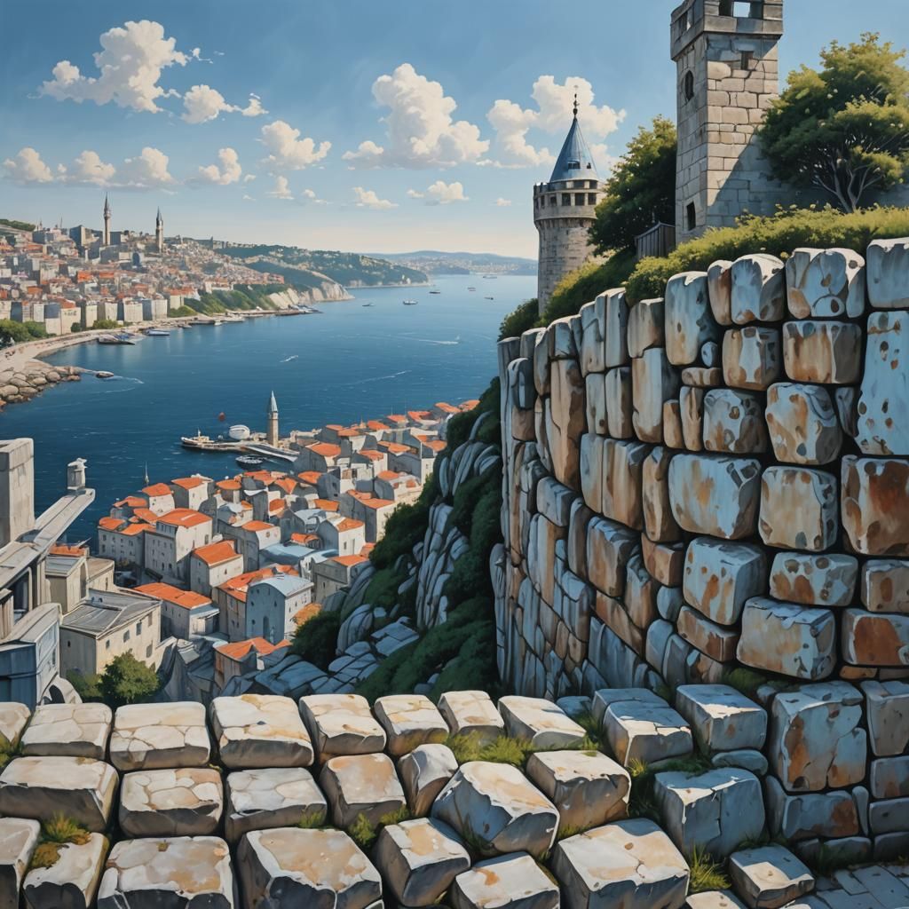 Medieval Istanbul Seaside Scene in Vibrant Oil Painting Styl...