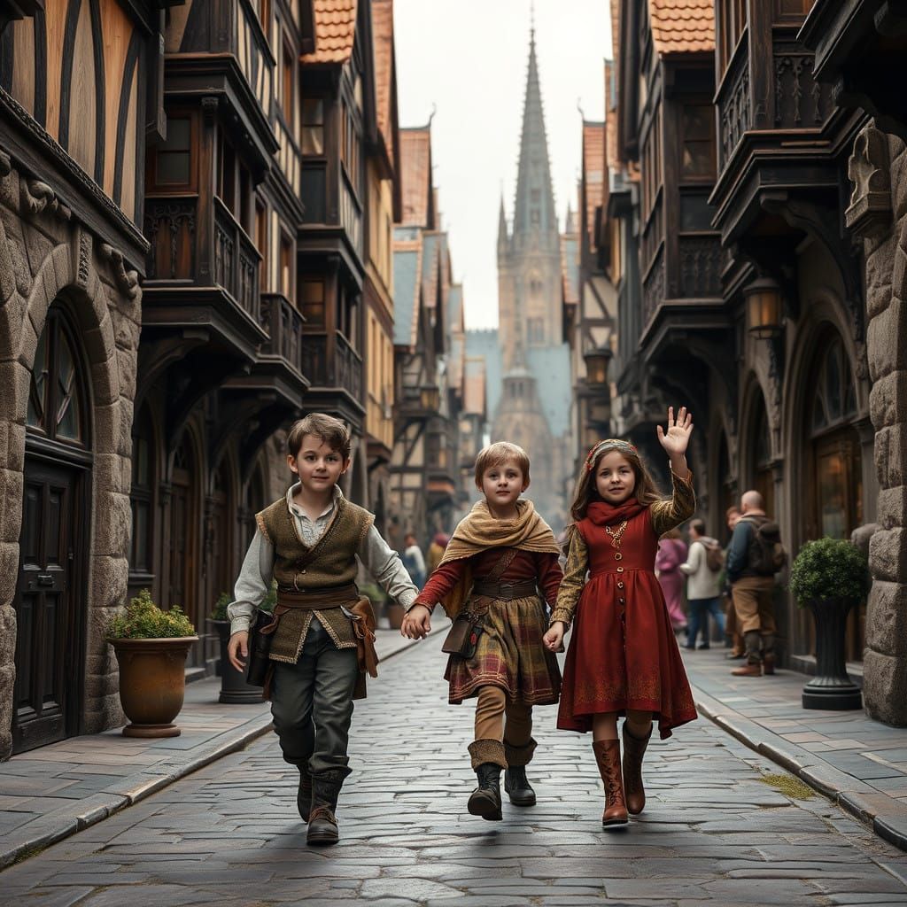 Siblings Walk Down Medieval Fantasy Street in Detailed Matte...