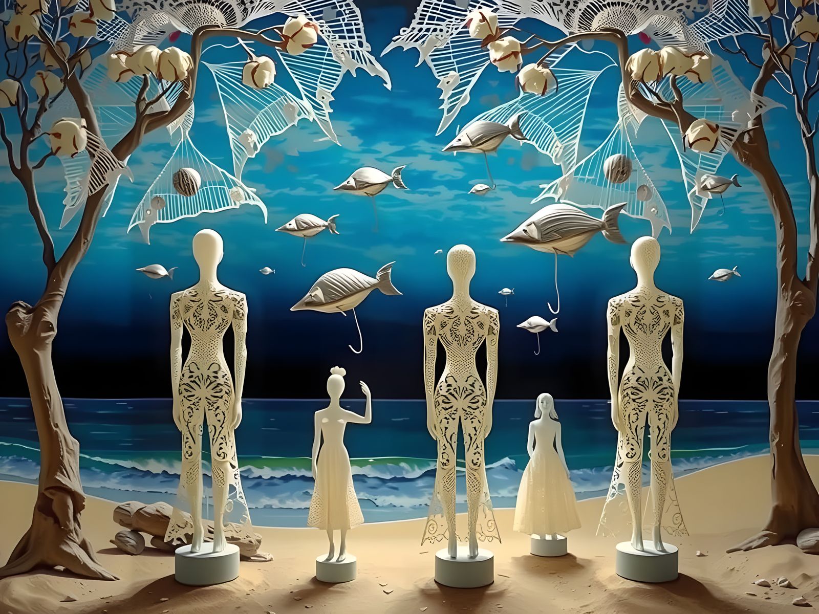 Surrealistic Beach Scene with Glowing Sculptures