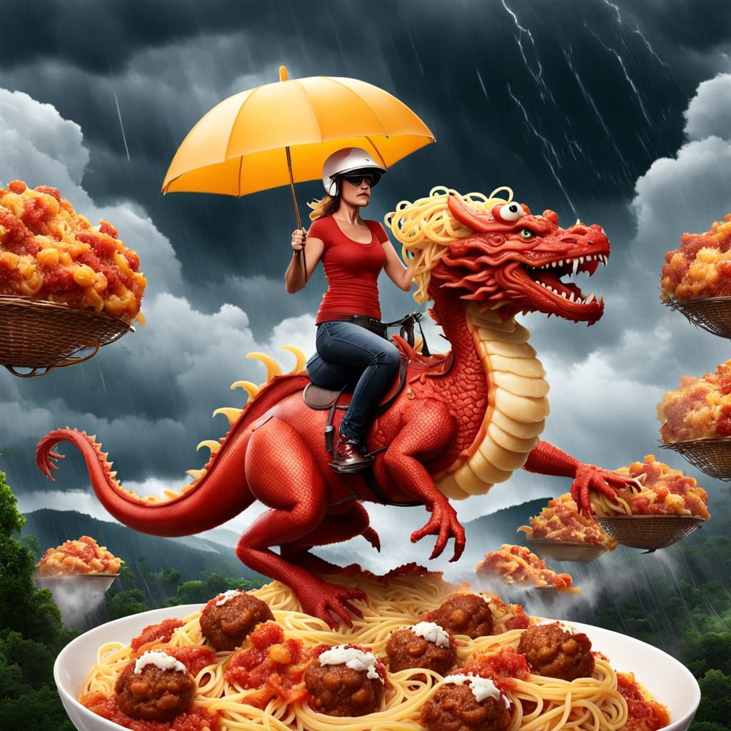 Lasagna Girl Rides Dragon Through Pasta Landscape
