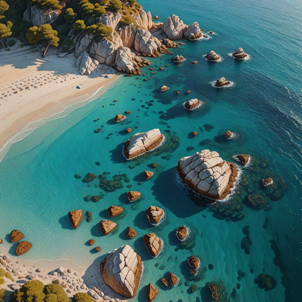 Mediterranean Beach with Turquoise Water in Oil Painting Sty...