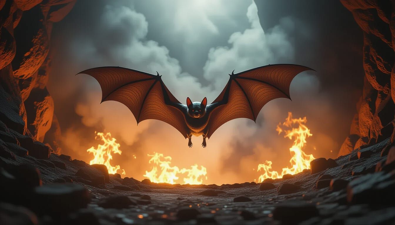 Photorealistic Bat Escapes Fiery Chasm