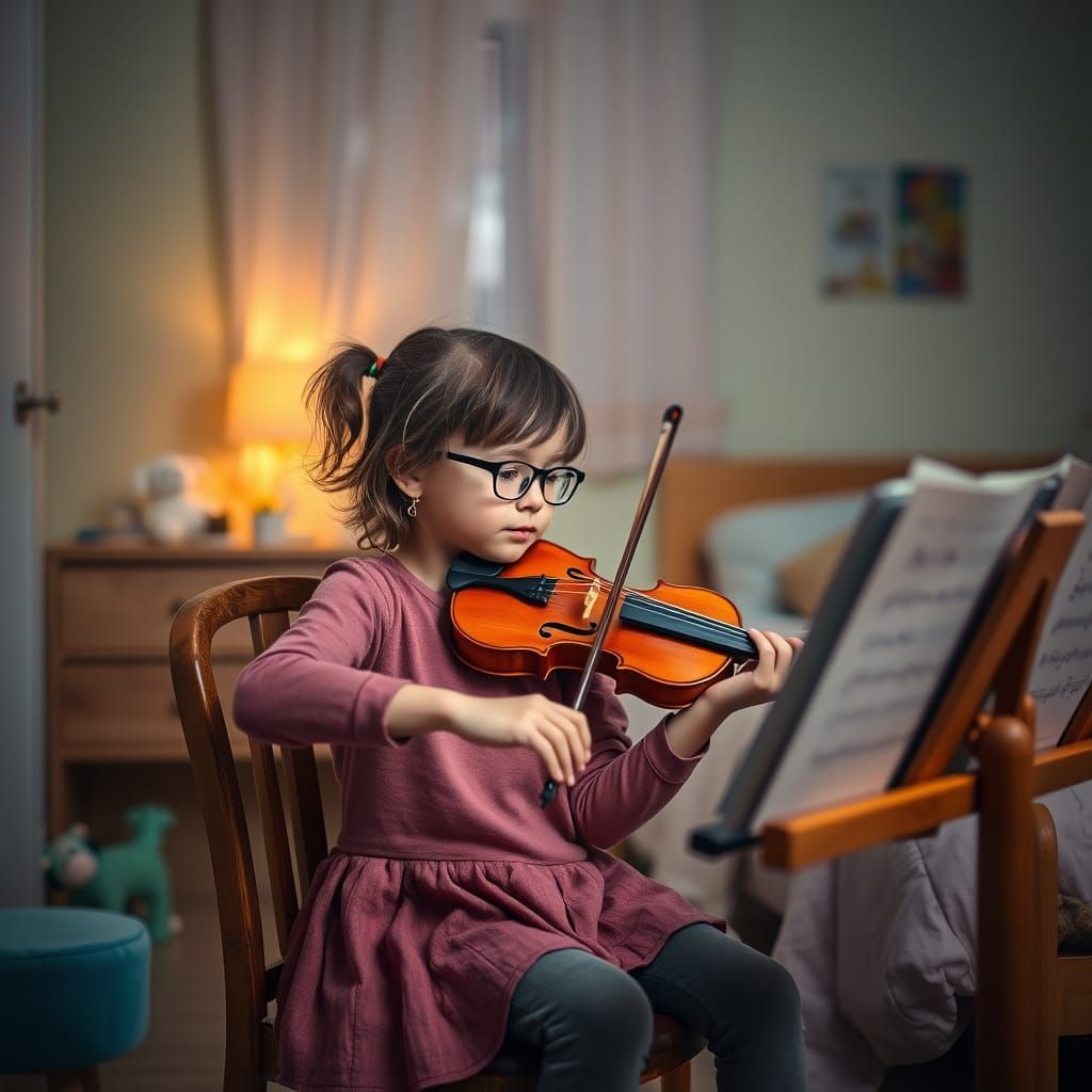 Cozy Girl Violinist in Warm Bedroom Glow