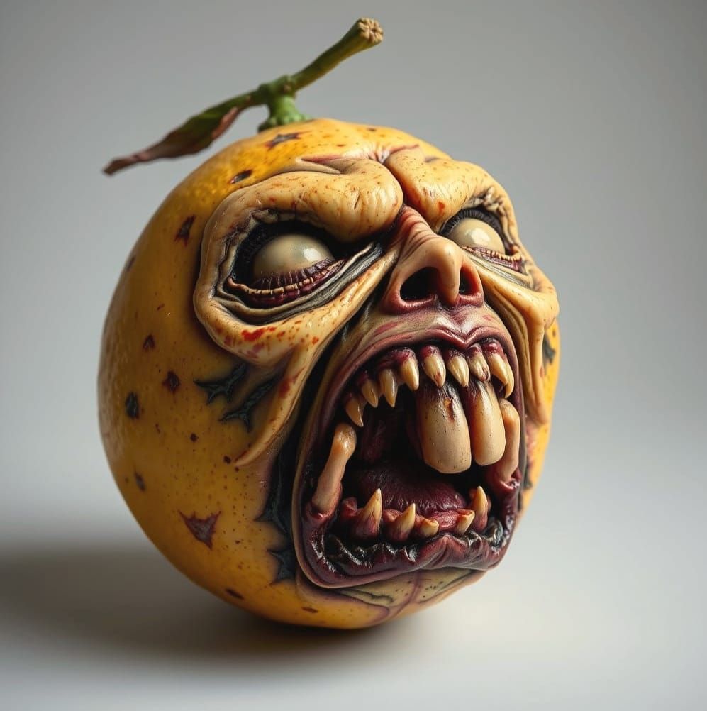Macabre Fruits with Grimacing Lemon Faces in a Dark Art Styl...