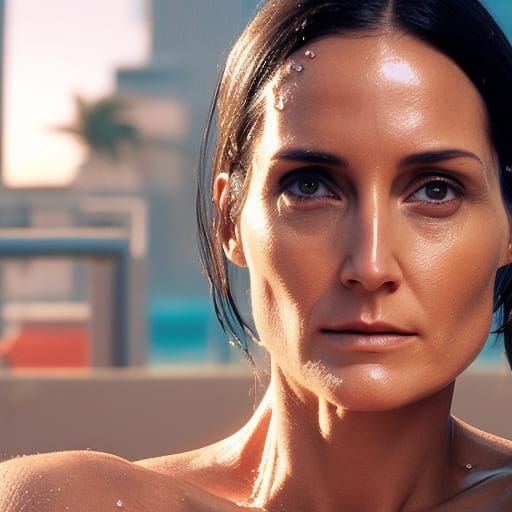 wet tanned big muscular female physique half cyborg enhanced female Carrie-Anne Moss realistic face, chilling relaxing, ...