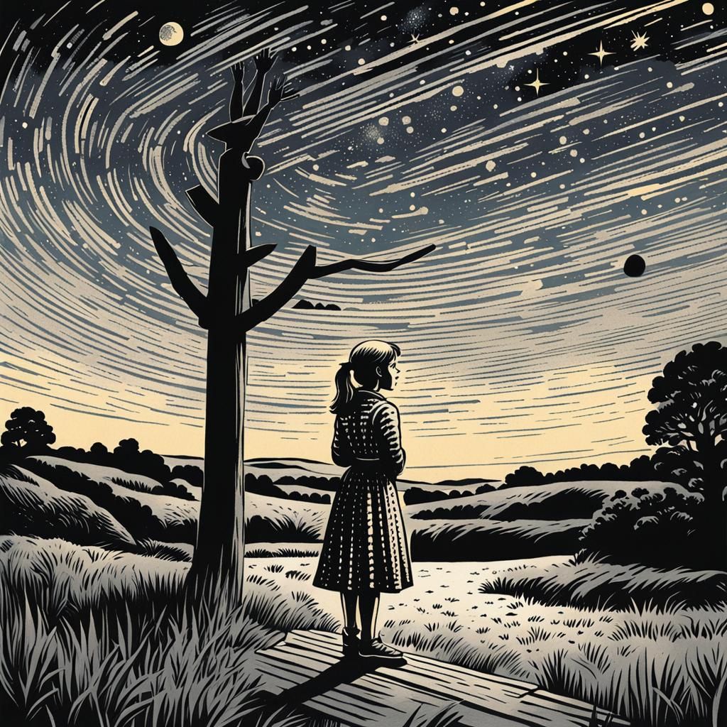 Girl Staring at Milky Way in Woodcut Style