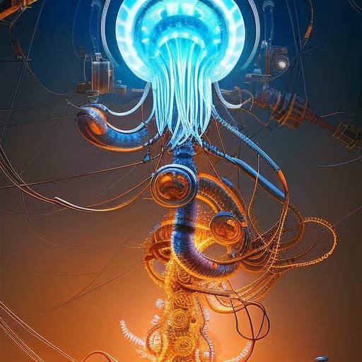 Steampunk Eldritch Jellyfish with Tesla Coil in 3D